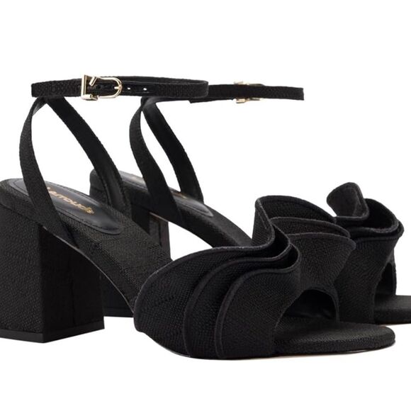 Larroude Selena Ruffle Sandal In Beige Raffia with Dust Bag